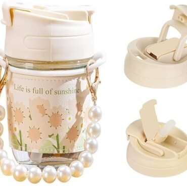 350ml Glass Water Bottle – Floral Design with Straw