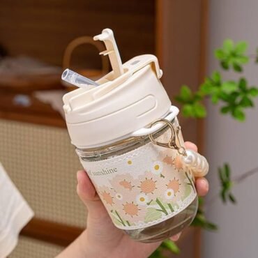 350ml Glass Water Bottle – Floral Design with Straw