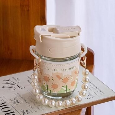 350ml Glass Water Bottle – Floral Design with Straw