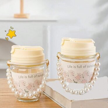 350ml Glass Water Bottle – Floral Design with Straw